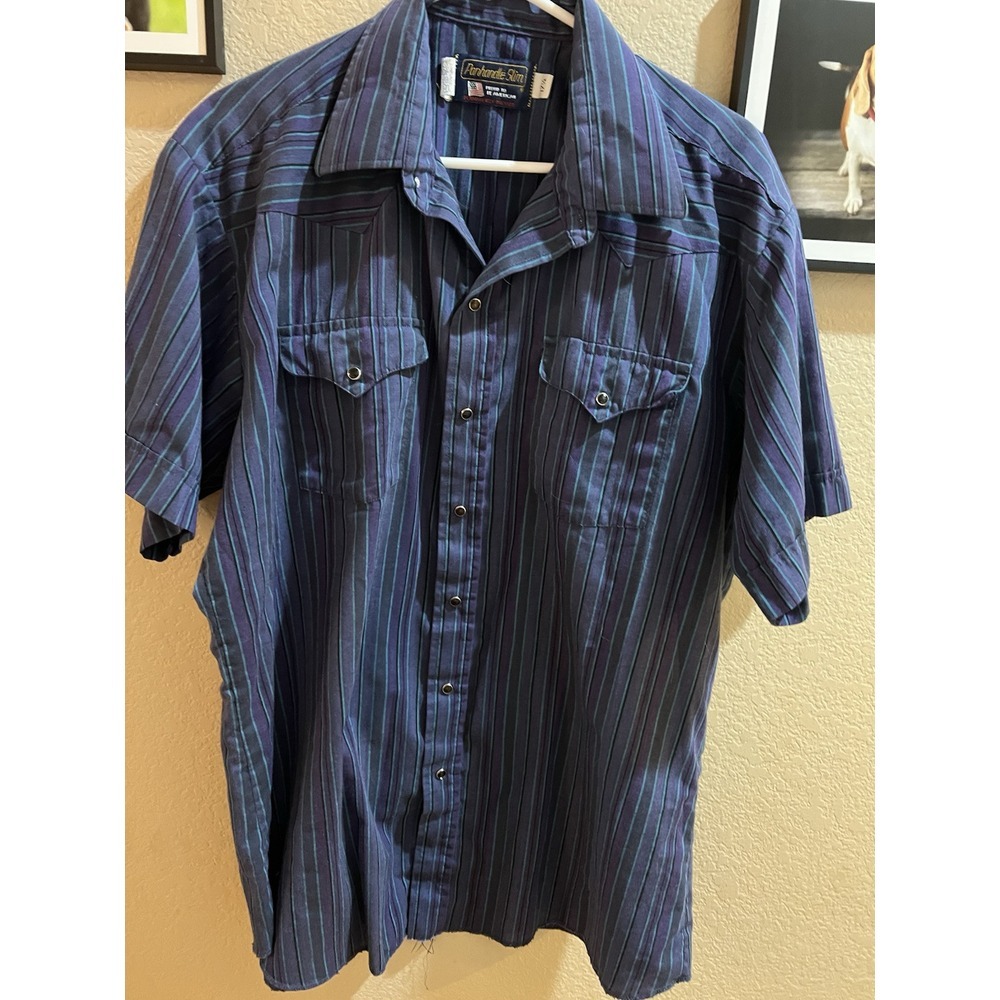 Mens Panhandle Slim Purple Striped Short Sleeve Pearl Snap Shirt 17.5